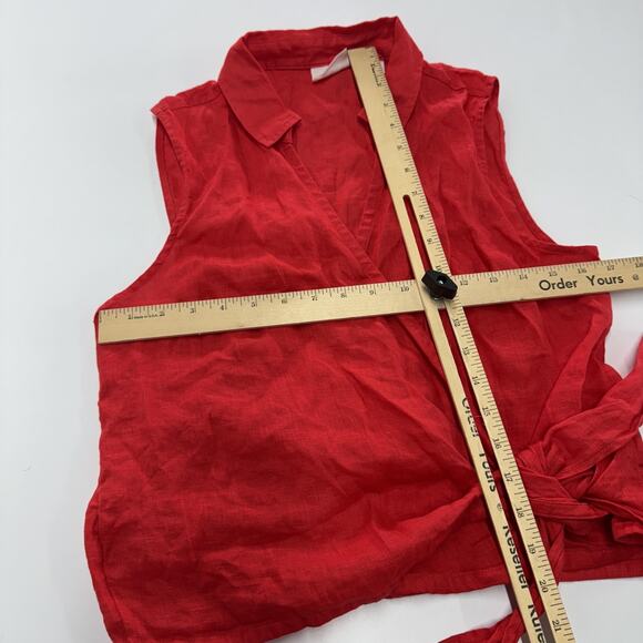 Cynthia Rowley Top Womens Small Red Linen Wrap Sleeveless Collared Summer Blouse - Picture 5 of 6